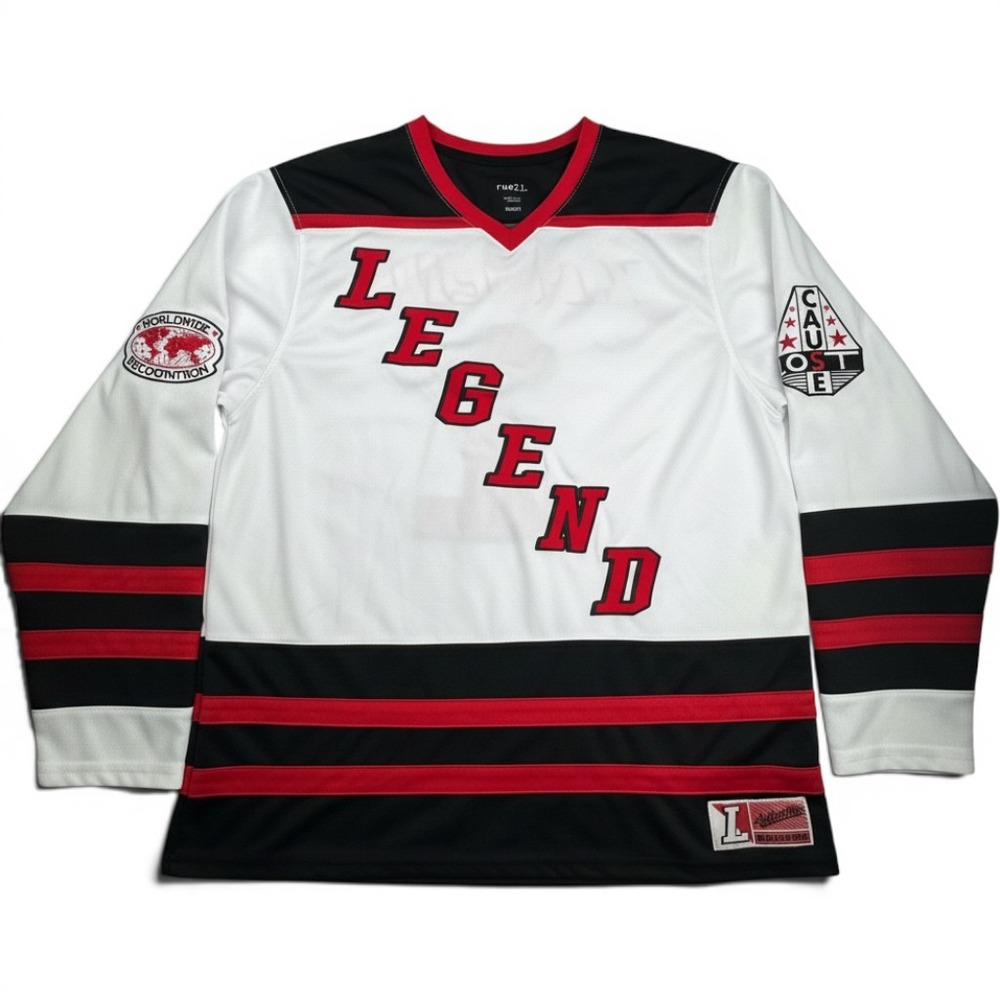 rue21 Mens Legend Hockey Jersey Small Polyester Streetwear Sport Red White Black